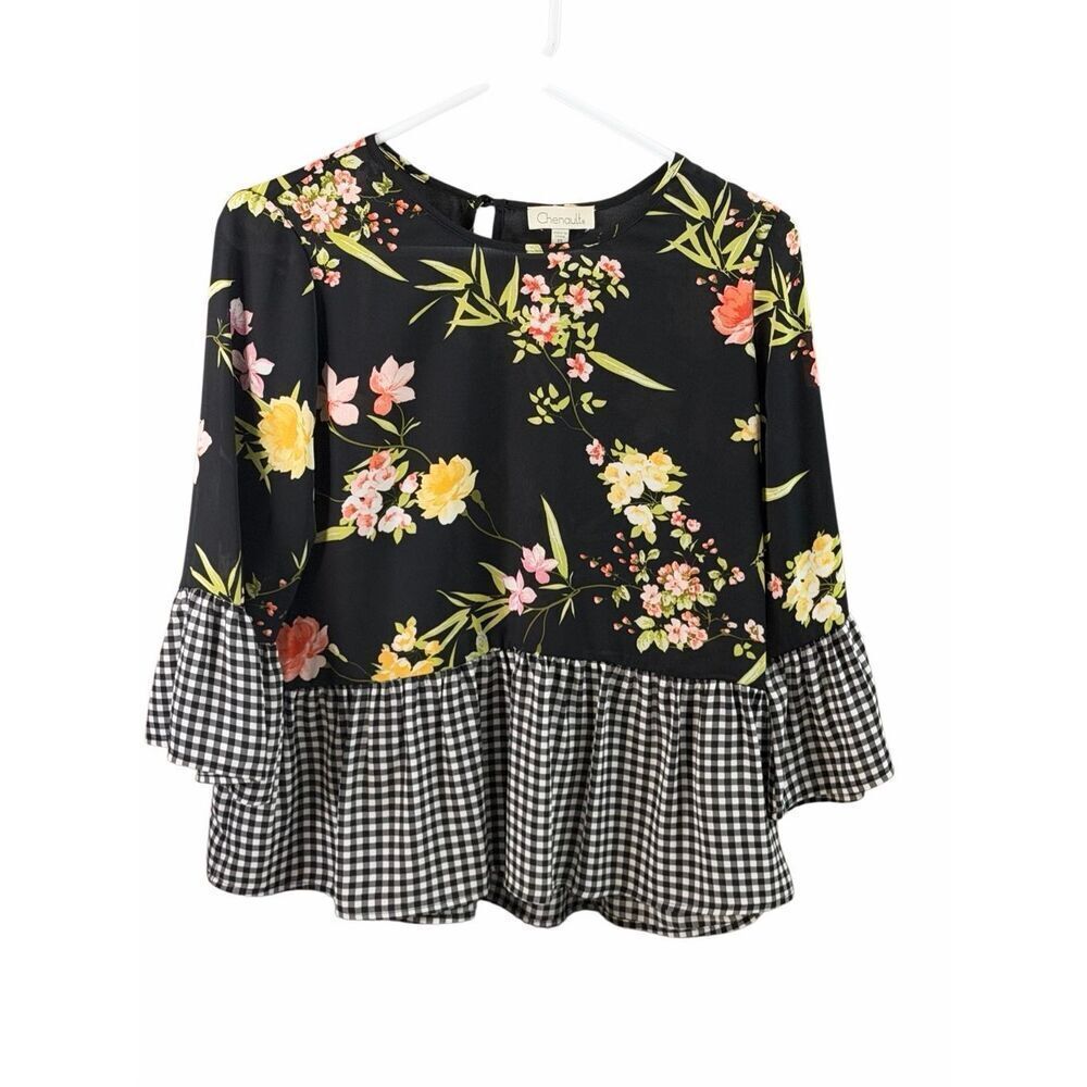 Chenault Petite Small Floral Blouse Gingham Peplum Boho Cottagecore Chic Blouse